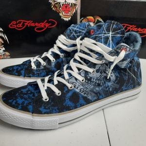 Men's 11 Ed Hardy "Justice" Sneakers Shoes Hi-Top Blue White Art Streetwear